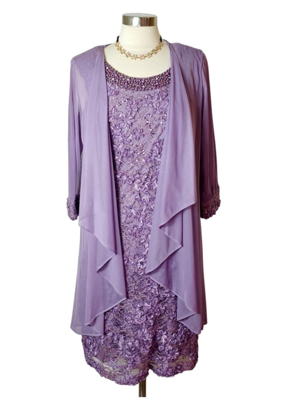 R&M Womens 14 Beaded Jacket Dress Lace 3/4 Slv Shrug Lavender Elegant Formal Wea